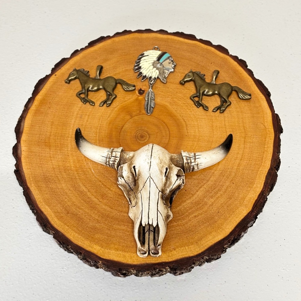 Handcrafted Wall Plaque Brown Western Steer Skull Wood Slice Decor